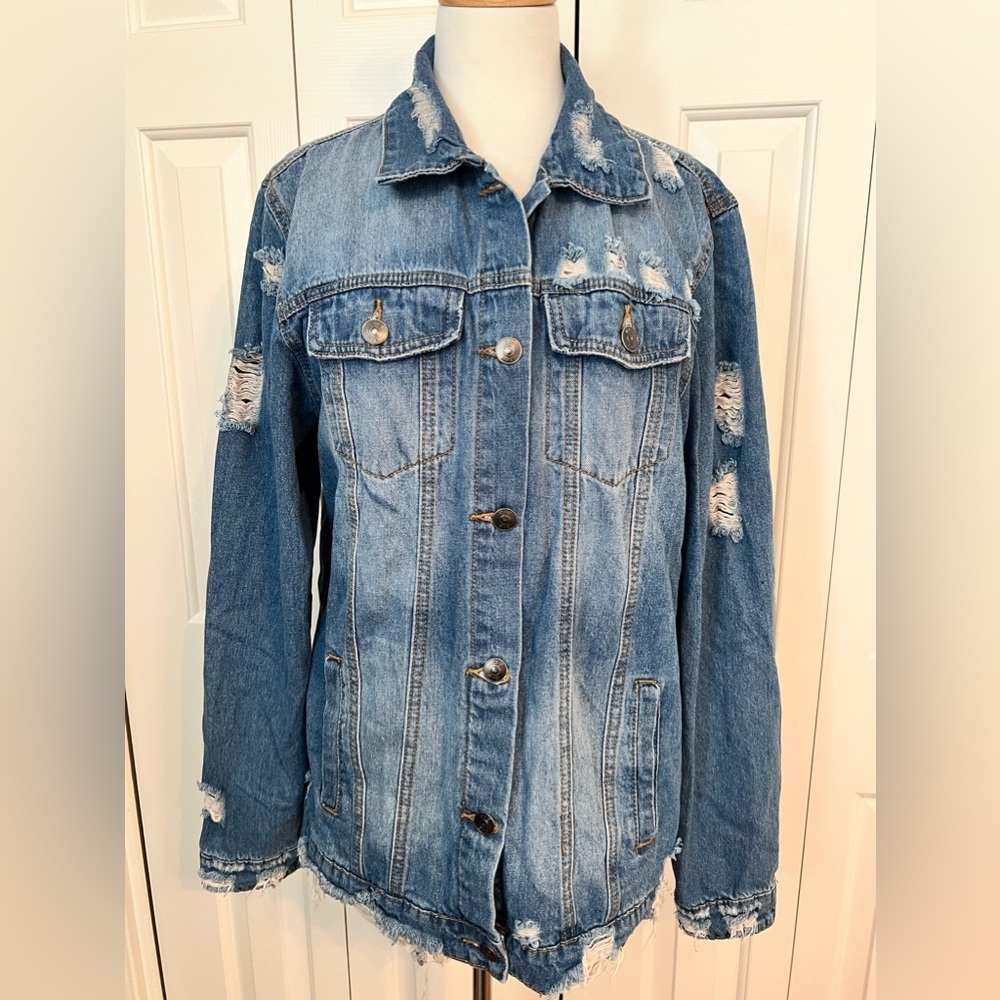 Vintage Distressed Denim Trucker Jacket Size Large - Picture 9 of 10